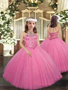 Superior Rose Pink Sleeveless Floor Length Beading Lace Up Little Girls Pageant Dress