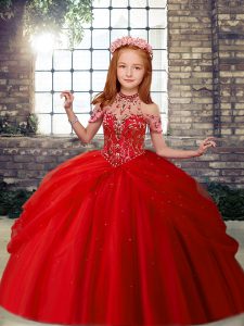 Latest Red Ball Gowns Beading Kids Pageant Dress Lace Up Tulle Sleeveless Floor Length