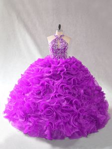 Floor Length Purple Quince Ball Gowns Halter Top Sleeveless Lace Up