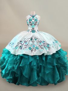 Pretty Halter Top Sleeveless 15 Quinceanera Dress Floor Length Embroidery and Ruffles Teal Organza