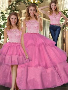Hot Pink Three Pieces Tulle Scoop Sleeveless Lace Floor Length Zipper 15 Quinceanera Dress