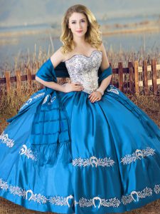 Stunning Sweetheart Sleeveless Sweet 16 Dresses Floor Length Beading and Embroidery Baby Blue Satin