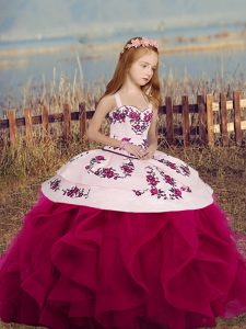 Fuchsia Mermaid Straps Sleeveless Embroidery and Ruffles Floor Length Lace Up Little Girls Pageant Gowns