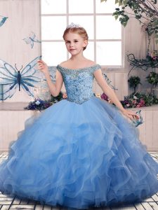 Off The Shoulder Sleeveless Lace Up Kids Pageant Dress Blue Tulle