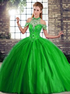 Beautiful Green Vestidos de Quinceanera Military Ball and Sweet 16 and Quinceanera with Beading Halter Top Sleeveless Brush Train Lace Up