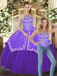 Two Pieces Sweet 16 Quinceanera Dress Purple Halter Top Satin and Tulle Sleeveless Floor Length Lace Up