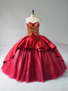 Wine Red Sweet 16 Dress Sweet 16 and Quinceanera with Beading and Embroidery Sweetheart Sleeveless Court Train Lace Up