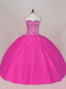 Fuchsia Tulle Lace Up 15 Quinceanera Dress Sleeveless Asymmetrical Beading