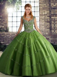 Fashionable Green Lace Up Straps Beading and Appliques Sweet 16 Dress Tulle Sleeveless