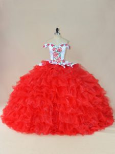 Custom Design White And Red Sweet 16 Dresses Sweet 16 and Quinceanera with Embroidery and Ruffles Off The Shoulder Sleeveless Brush Train Lace Up
