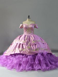 Enchanting Beading and Embroidery and Ruffles Sweet 16 Dress Lavender Lace Up Sleeveless Chapel Train
