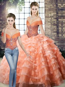 Smart Organza Off The Shoulder Sleeveless Brush Train Lace Up Beading and Ruffled Layers Sweet 16 Dress in Peach