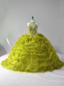 Sleeveless Tulle Court Train Lace Up Quinceanera Gowns in Olive Green with Beading and Pick Ups