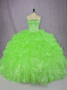 Artistic Ball Gowns Strapless Sleeveless Organza Floor Length Lace Up Beading and Ruffles Quinceanera Dress