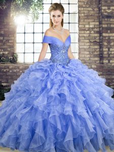 Attractive Lavender Off The Shoulder Lace Up Beading and Ruffles Vestidos de Quinceanera Brush Train Sleeveless