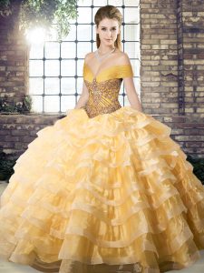 Attractive Off The Shoulder Sleeveless Brush Train Lace Up 15th Birthday Dress Gold Organza