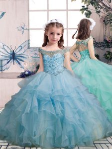 Exquisite Light Blue Scoop Lace Up Beading and Ruffles Little Girl Pageant Gowns Sleeveless