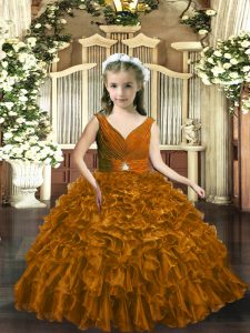 Best Brown Backless Pageant Gowns For Girls Beading and Ruffles Sleeveless Floor Length