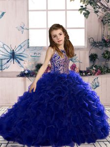 Unique Royal Blue Sleeveless Organza Lace Up Kids Pageant Dress for Party and Sweet 16 and Wedding Party