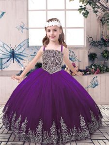Floor Length Lace Up Glitz Pageant Dress Purple for Party and Sweet 16 and Wedding Party with Beading and Appliques