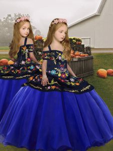 Custom Fit Sleeveless Embroidery and Ruffles Lace Up Girls Pageant Dresses