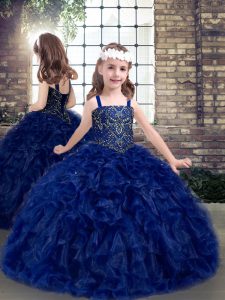 Blue Straps Lace Up Beading and Ruffles Pageant Gowns For Girls Sleeveless