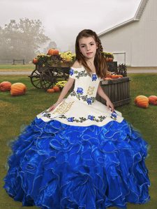 Eye-catching Royal Blue Ball Gowns Organza Straps Sleeveless Embroidery and Ruffles Floor Length Lace Up Child Pageant Dress