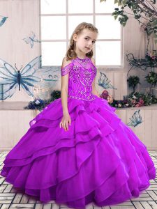Pretty Purple Organza Lace Up High-neck Sleeveless Floor Length Little Girl Pageant Dress Beading and Ruffled Layers