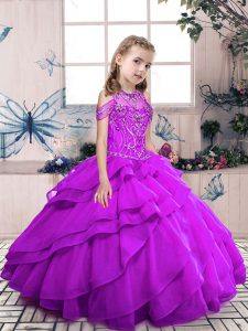 Pretty Purple Organza Lace Up High-neck Sleeveless Floor Length Little Girl Pageant Dress Beading and Ruffled Layers