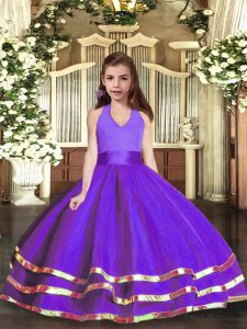 Customized Sleeveless Organza Floor Length Lace Up Little Girl Pageant Gowns in Purple with Ruffled Layers