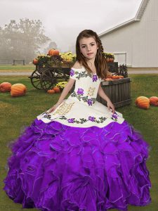 Exquisite Purple Ball Gowns Organza Straps Sleeveless Embroidery and Ruffles Floor Length Lace Up Kids Pageant Dress