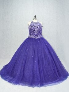 Beauteous Scoop Sleeveless Brush Train Lace Up Sweet 16 Dress Purple Tulle