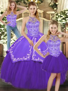 Floor Length Three Pieces Sleeveless Purple Vestidos de Quinceanera Lace Up