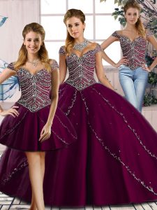 Fashion Sweetheart Cap Sleeves Tulle Sweet 16 Dresses Beading Brush Train Lace Up