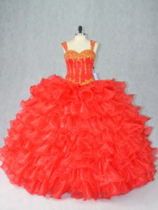 Beading and Ruffles Vestidos de Quinceanera Red Lace Up Sleeveless Floor Length