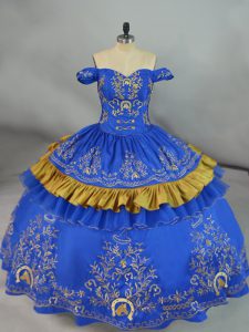 Off The Shoulder Sleeveless Lace Up Quince Ball Gowns Blue Satin and Organza