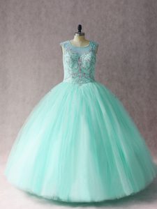 Clearance Scoop Sleeveless Quinceanera Gowns Floor Length Beading Apple Green Tulle