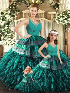 Sleeveless Organza Floor Length Backless Quinceanera Dresses in Turquoise with Appliques and Ruffles