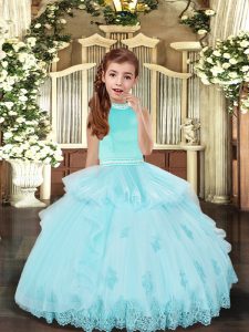 Aqua Blue Ball Gowns Tulle Halter Top Sleeveless Beading and Appliques Floor Length Backless Pageant Dress for Teens