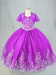 Great Purple Lace Up Little Girls Pageant Dress Beading and Embroidery Sleeveless Floor Length