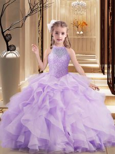 Lavender Ball Gowns Tulle High-neck Sleeveless Beading and Ruffles Floor Length Lace Up Child Pageant Dress