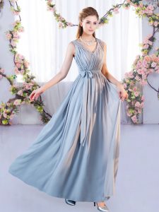 Grey Sleeveless Floor Length Belt Lace Up Dama Dress for Quinceanera