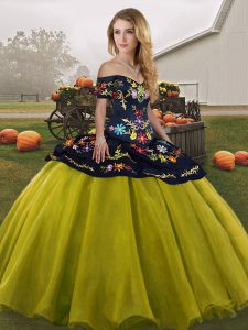 Floor Length Lace Up 15 Quinceanera Dress Olive Green for Military Ball and Sweet 16 and Quinceanera with Embroidery
