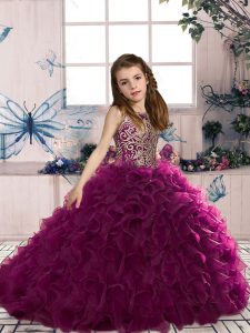 Trendy Organza Sleeveless Floor Length Little Girls Pageant Gowns and Beading and Ruffles