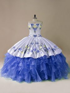 Beauteous Embroidery and Ruffles Sweet 16 Quinceanera Dress Blue And White Lace Up Sleeveless Brush Train