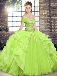 Shining Yellow Green Ball Gowns Organza Off The Shoulder Sleeveless Beading and Ruffles Floor Length Lace Up 15th Birthday Dress