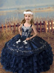 Excellent Sleeveless Floor Length Embroidery and Ruffled Layers Lace Up Little Girl Pageant Gowns with Navy Blue
