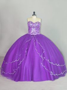 Nice Purple Sweetheart Lace Up Beading and Sequins Sweet 16 Dresses Brush Train Sleeveless