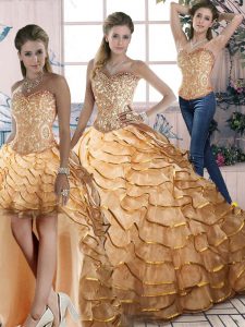 Gold Lace Up Halter Top Ruffled Layers Sweet 16 Dress Organza Sleeveless Brush Train