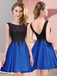 Glorious Royal Blue Satin Zipper Scoop Sleeveless Mini Length Vestidos de Damas Lace
